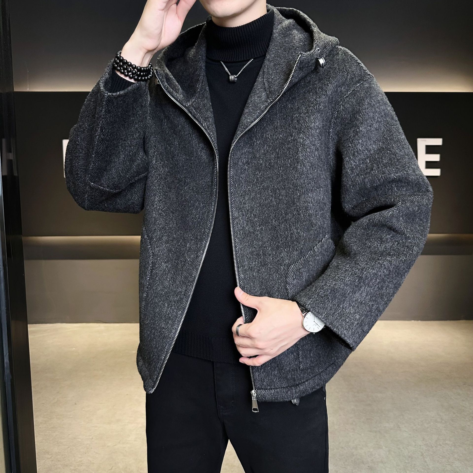 트렌디한 2026 봄 가을 신상품 순수 울 숏 양면 모직 코트 남성용 후드 캐주얼 재킷 스타일 아우터