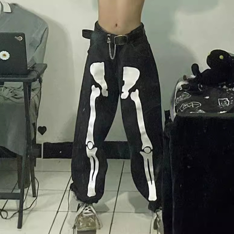European and American Street Skull Bone Graffiti Jeans Men's Bone Printed Luminous Hip-Hop Pants Straight-Leg Loose Wide-Leg Pants European and American Street Skull Bone Graffiti Jeans Men's Bone Printed Luminous Hip-Hop Pants Straight-Leg Loose Wide-Leg Pants