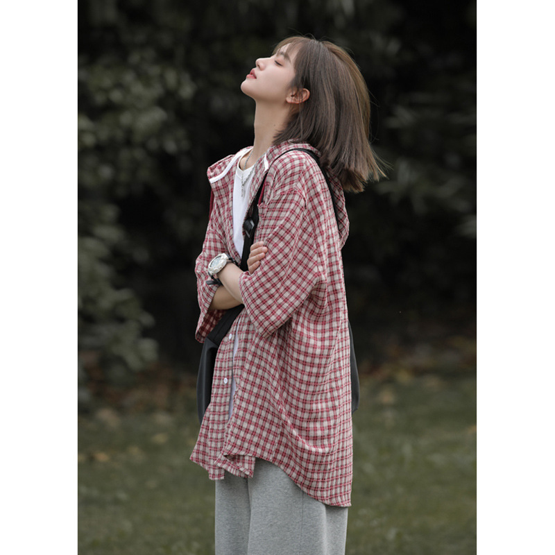 Dirty Pink Plaid Shirt Men's Short-Sleeved Trendy American-Style Three-Quarter Sleeve Shirt Oversize Hooded Couple's Jacket Dirty Pink Plaid Shirt Men's Short-Sleeved Trendy American-Style Three-Quarter Sleeve Shirt Oversize Hooded Couple's Jacket