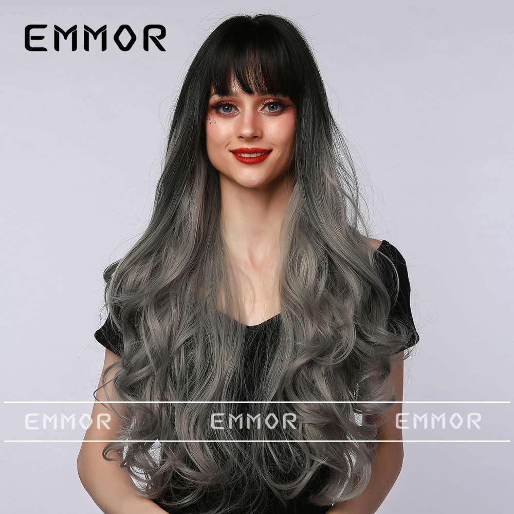 Estilo europeo y americano Cosplay anime Bangs onda grande Pelo Rizado largo Halloween Navidad gradiente gris peluca