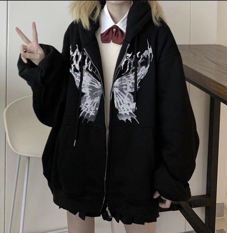 Cross-Border Hooded Sweatshirt in Stock Zipper Sweatshirt Autumn and Winter European and American Butterfly Sweatshirt Gothic Style Sports Hooded Jacket Cross-Border Hooded Sweatshirt in Stock Zipper Sweatshirt Autumn and Winter European and American Butterfly Sweatshirt Gothic Style Sports Hooded Jacket