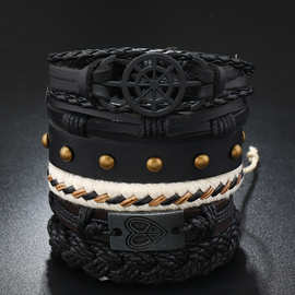 欧美复古手工编织牛皮手链diy组合6件套男士手镯搭配爱心船锚元素