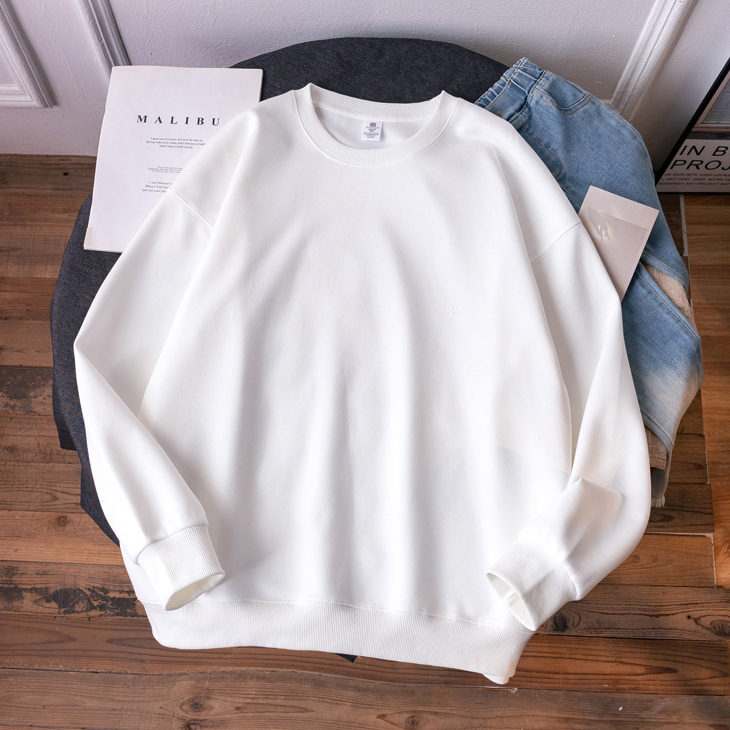 圆领卫衣春秋男女白色外穿打底衫上衣长袖韩版慵懒风宽松套头衫