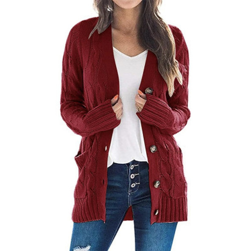 Autumn and winter women's wear: European and American-style casual cardigan coat, solid-color cable-knit sweater with buttons