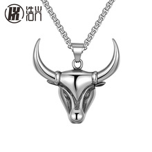 速卖通简约不锈钢饰品 男士钛钢吊坠 男女通用欧美风长款牛头项链