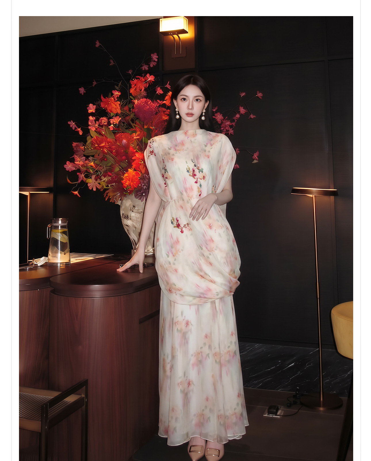 Bộ váy áo maxi thắt eo họa tiết hoa phong cách tân cổ điển — Trang chủ, bộ đồ, nửa váy chi tiết 7