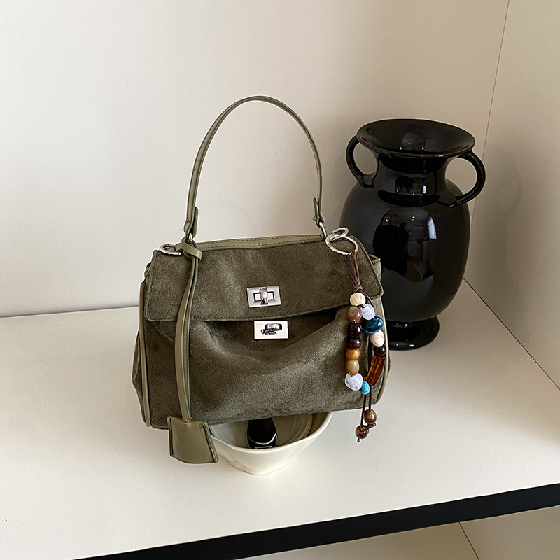 Suede Buckle Flap Convertible Handle Satchel Bag 14