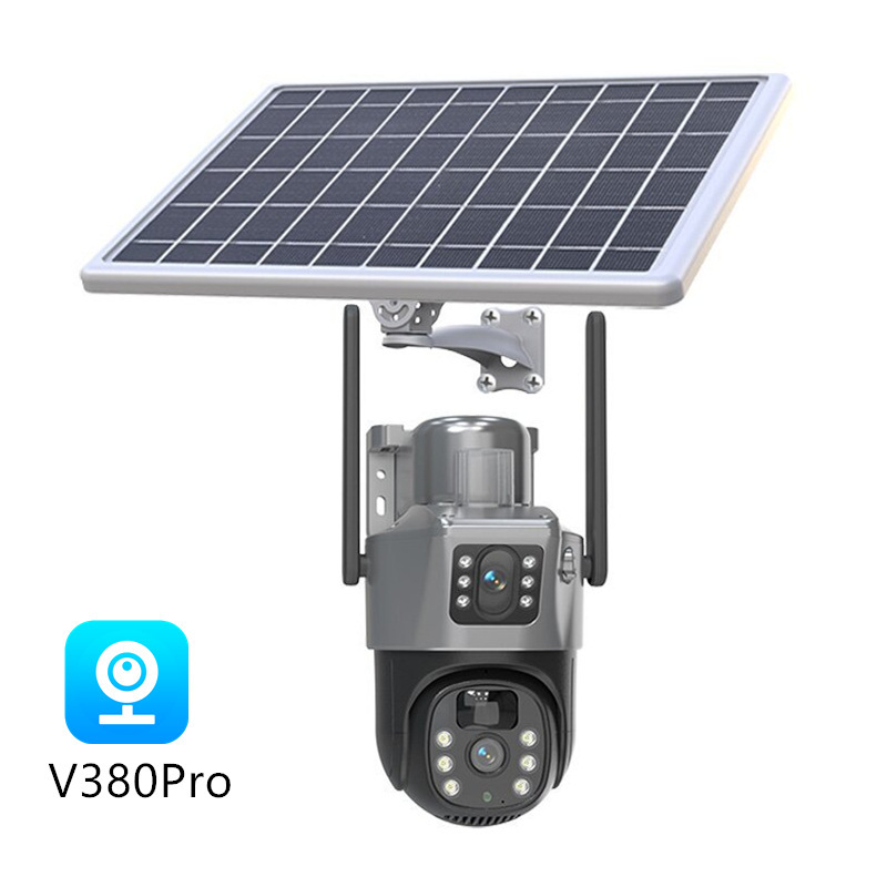 V380太阳能摄像头双目600万高清夜视4G枪球联动室外防水监控球机