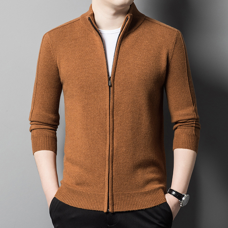 秋冬新款男士羊毛衫青年休闲纯色立领拉链开衫针织羊毛外套男上衣