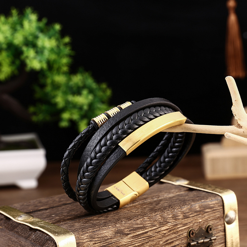 2PCS Fibbia magnetica in acciaio inossidabile alla moda intrecciata multistrato, bracciale in pelle multistrato, bracciale_voghion.com