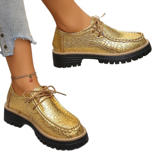 Large size soft-sole casual single-layer shoes for autumn and winter independent stand square head solid color stitching lacing loafers