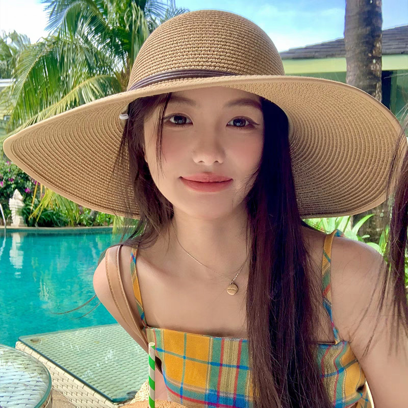 中空ラフィア帽子女性の夏フレンチスタイル中空大きなつば日焼け防止帽子海辺の写真休暇ビーチ帽子|undefined