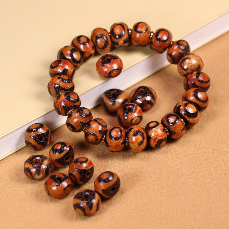 5A级西藏天然真品老矿原石玛瑙火供三眼天珠手串项链散扁珠9*13mm