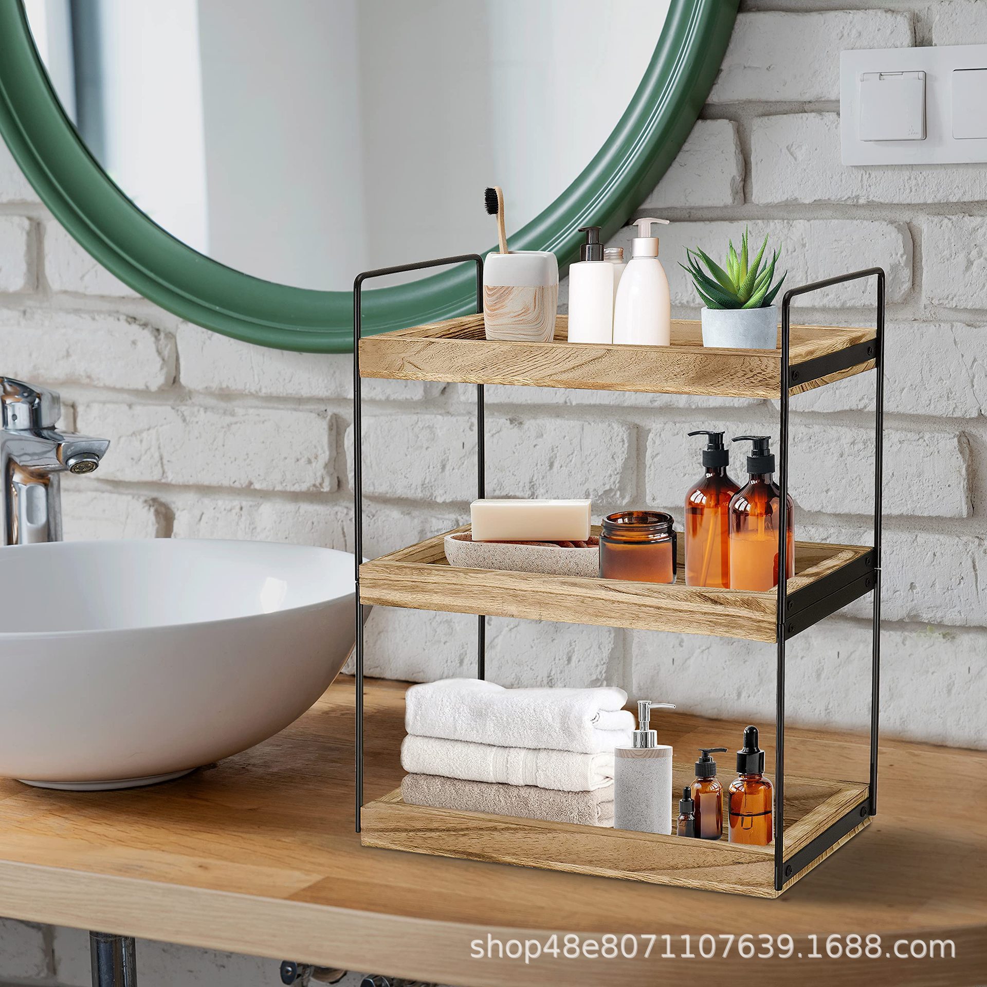 Wooden Desktop Double-Layer Storage Rack Iron Bathroom Household Multi-Purpose Kitchen Storage Rack Floor-Standing Countertop Spice Rack