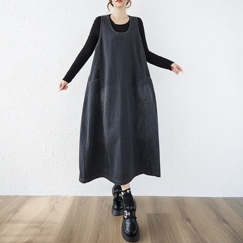 2025文艺大码宽松韩版长款牛仔背心裙宽松牛仔长马甲女|undefined