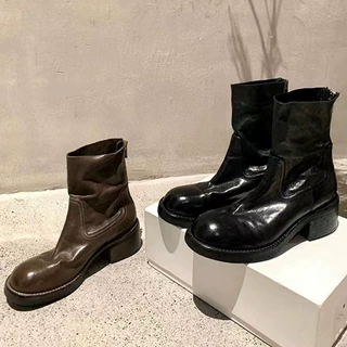 牛皮版洋气2026秋冬新款马丁靴女复古粗跟骑士靴后拉链高跟短靴