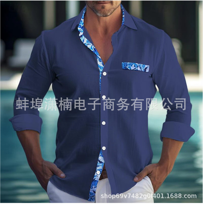 Men Shirt Independent Station Button Shirt Casual Long Sleeve Lapel Daily Vacation Color Matching Clothing Apparel Fashion