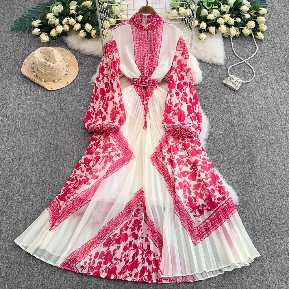 Retro Printed Dress With Stand Collar And Lantern Sleeves_voghion.com