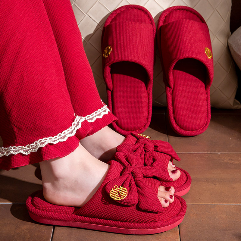 Red Slippers for Wedding, a Pair of Festive Summer Non-Slip Indoor Home Slippers for the Bride and Groom, Wedding Slippers for Couples