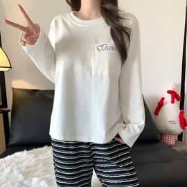 带胸垫睡衣女士春秋季长袖长裤圆领宽松舒适休闲可外穿家居服套装