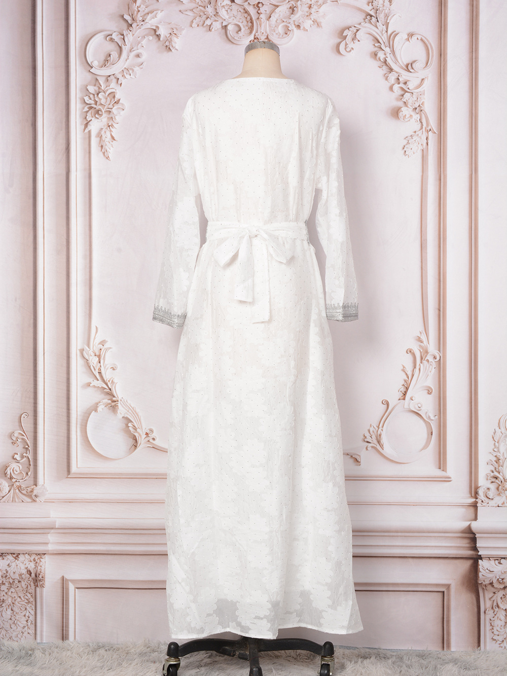 MT046 V-neck Dress, Middle Eastern Cross-border Foreign Trade, Jacquard With Rhinestones, Silver Lace Robe,_ecoleips.com