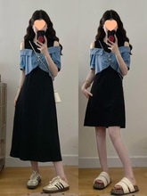 假两件牛仔拼接露肩正肩连衣裙2025夏季新款大码胖mm漏肩显瘦裙子