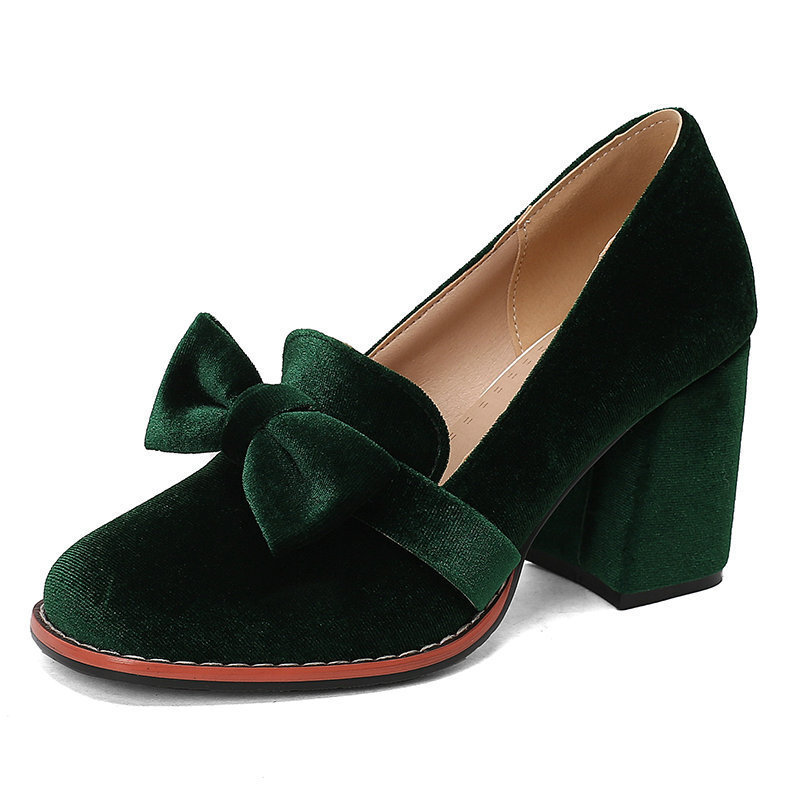 Mary Jane Women's Shoes Gold Velvet Fabric Cute Bow Thick Sole Thick Heel High Heels Slip-On Casual High Heels