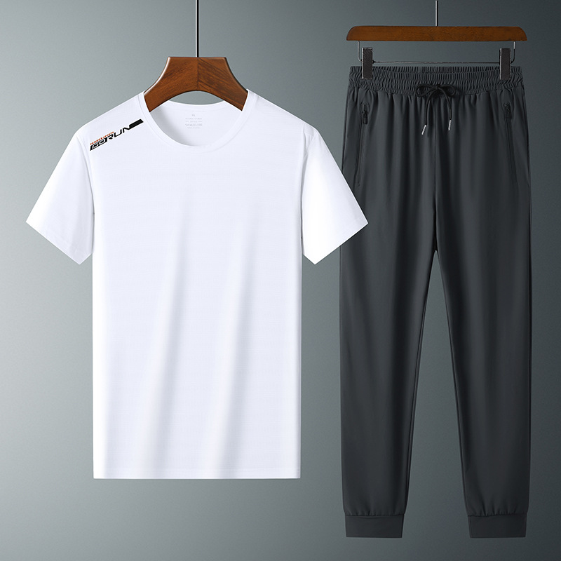 Moda pantalones de seda de hielo cuello redondo Camiseta de dos piezas para hombres talla grande suelta de secado rápido traje deportivo LOGO se puede formular