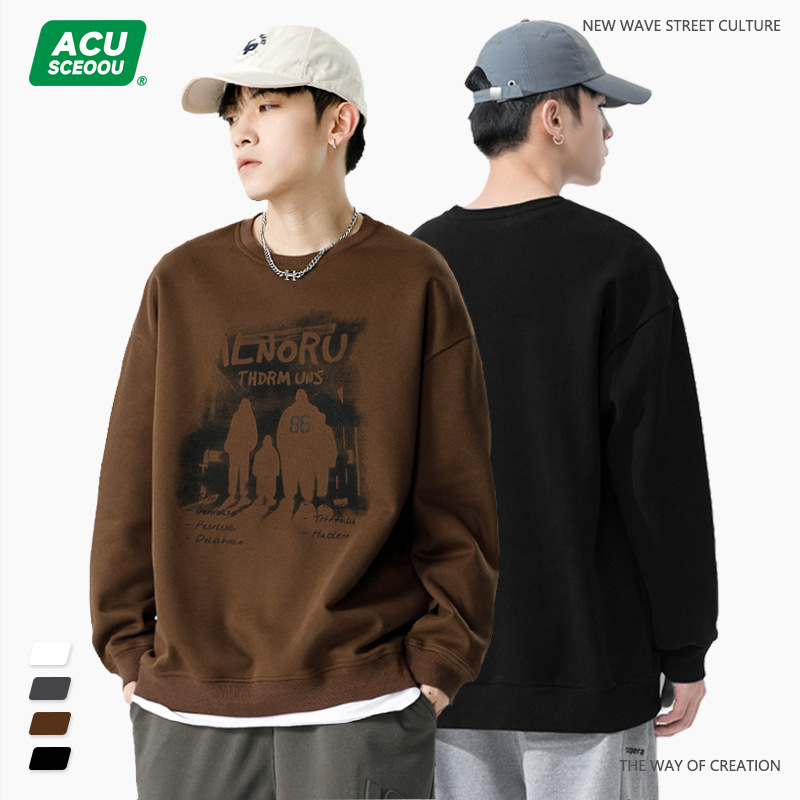 ACUMen's Wear|Spring American Street Retro Print Loosey Brand Versatile Pique Round Neck Sweatshirt Plus Velvet