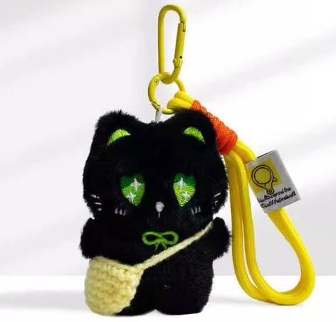 Super lindo pequeño gato negro tejido lindo cuerdas de mano de peluche hechas a mano muñeca llavero colgante bolsos colgantes de teléfonos móviles