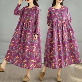 2025秋季新款复古棉麻印花圆领长袖连衣裙女宽松大码显瘦A字裙女