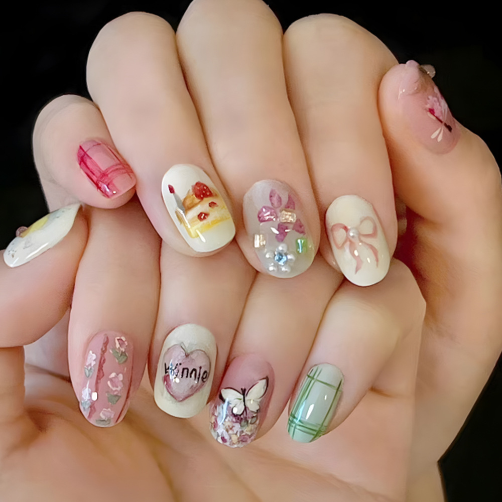Uña de vestir, pastel dulce, pestañas de uñas fototerapéuticas, 24 pestañas de uñas de mariposa hechas a mano image 1