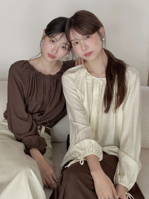 【松黎茶语】歌铭法式复古立体花朵长袖衬衣女秋季通勤上衣N454C|undefined