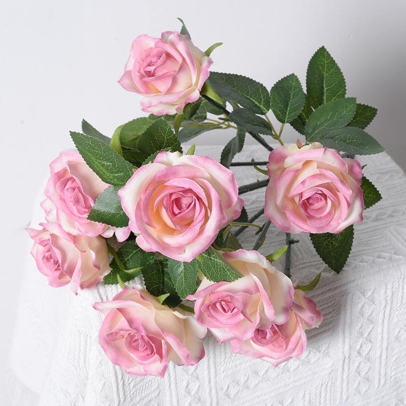 Artificial 9-Cabeza de flor Rosa decoración del hogar boda carretera plomo francés tela de seda artificial Rosa artificial ramo al por mayor