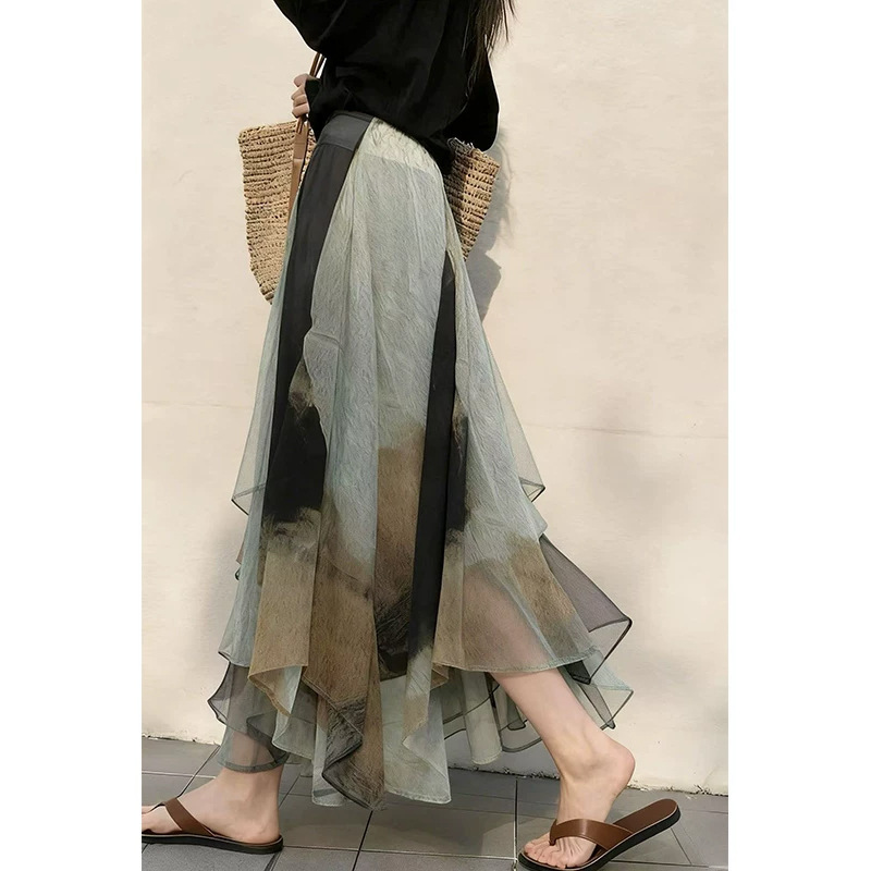 Pear-Shaped Berkeley Skirt for Women, New Summer Style, Retro Style, Irregular Hem, Printed and Dyed Half Skirt