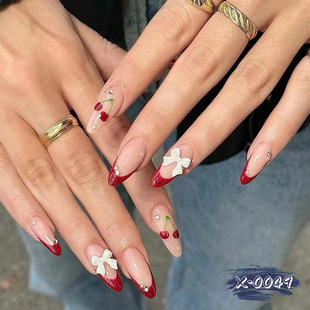 X-0049 Wear Armor European and American Almond-shaped Wine Red French Pearl Flat Bottom Diamond Bow Diamond Cherry Manicure 24 Pieces