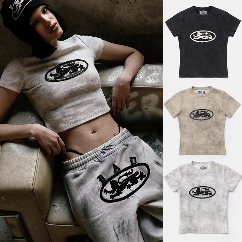 Badblood American Tie-Dye Short-Sleeved Top Sexy Slim Short Embroidered Versatile Belly Button Exposed Sexy T-Shirt Summer