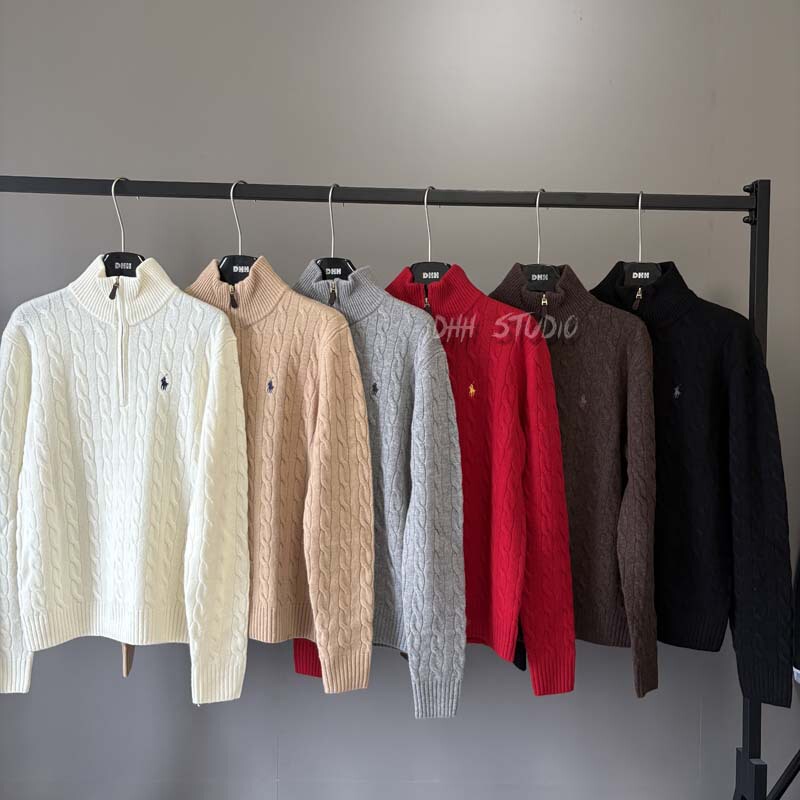 Rl Laff Wool Half-Zip 90% Wool 10% Cashmere Old Money Style Unisex Pullover Cable Knit Sweater