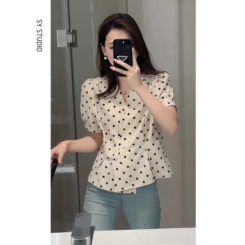 French-Style Polka Dot Short-Sleeve Shirt for Women, Summer 2026 Hot-Selling Waist-Cinching Shirt, Light Luxury High-End Fashionable Top A3916