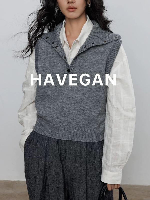 与间HAVEGAN/秋季翻领无袖针织马甲女软糯外穿毛衣背心慵懒上衣|undefined