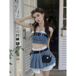 Hot Girl Outfit Suit Skirt Women's New Summer Tube Top Vest + High Waist Pleated Skirt Denim Two-Piece Set for Small People