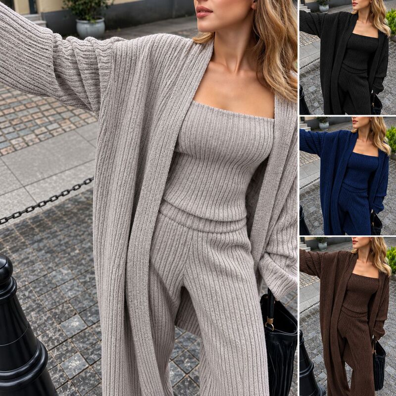 2026 Autumn/Winter European and American style high-end knit tube top, high-waisted wide-leg pants, and loose long cardigan three-piece set for women