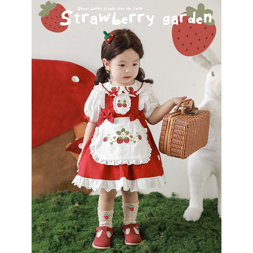 Wulibu Yi girls suit French dress cute strawberry embroidered lapel shirt summer bow shirt