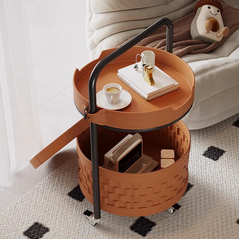 Customizable Sofa Side Table with Wheels, Movable Snack Storage Rack, High-End Luxury Saddle Leather, Cross-Border