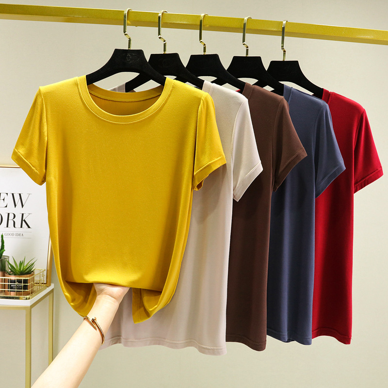 Summer New Bit Cotton Round Neck Short Sleeve Base Shirt Basic Women's Top Loose Simple Solid Color T-shirt