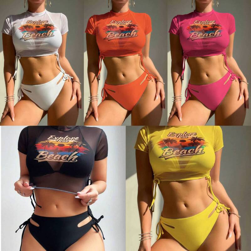 Sexy Bikini Cross-Border Beach Outerwear Three-Piece Swimsuit Female Beach Hottie Swimsuit Short-Sleeved Letters Exposed Navel Sexy Bikini Cross-Border Beach Outerwear Three-Piece Swimsuit Female Beach Hottie Swimsuit Short-Sleeved Letters Exposed Navel