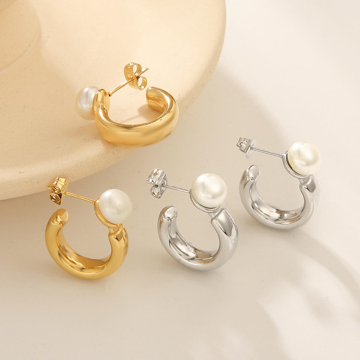 PVD Coated Gold Plating Process 1 Pair IG Style Geometric Mixed Metal Plating 304 Stainless Steel Artificial Pearls Ear Studs