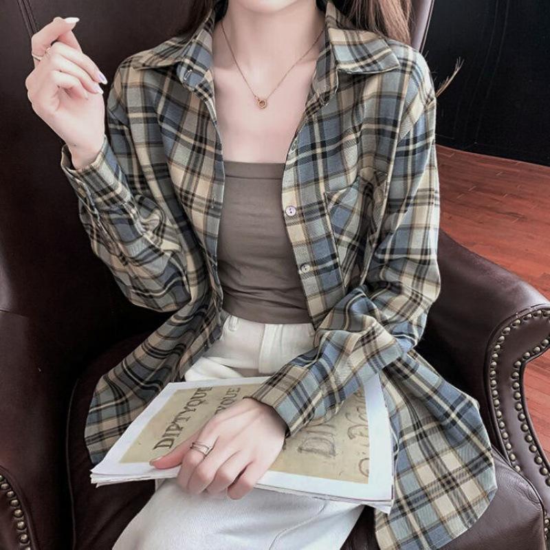 Plaid Shirt Women's Autumn 2024 New Fashion Korean Style Inner Top Small Shirt Long Sleeve Stylish Shirt Coat