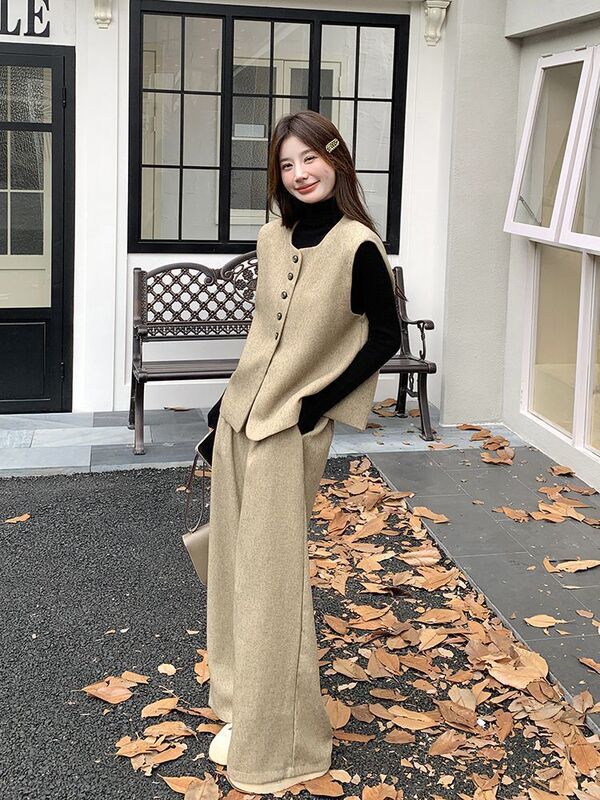 卡其色小香风马甲套装女秋季2025新款韩系气质感阔腿裤两件套|undefined