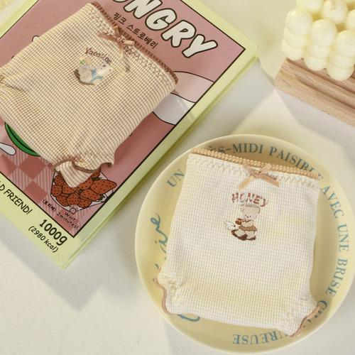 515 Waffle Cute Little Bear Cute Girl Mid-waist Underwear Covering Buttocks Skin-Friendly Naked Fungus Trimmed Briefs